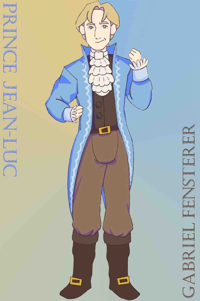 Animated character poster of Prince Jean-Luc, featuring a young man in a royal blue coat with white ruffles, brown pants, and black boots with gold buckles. He stands against a gradient background transitioning from yellow to blue, with his name displayed vertically on the left side.