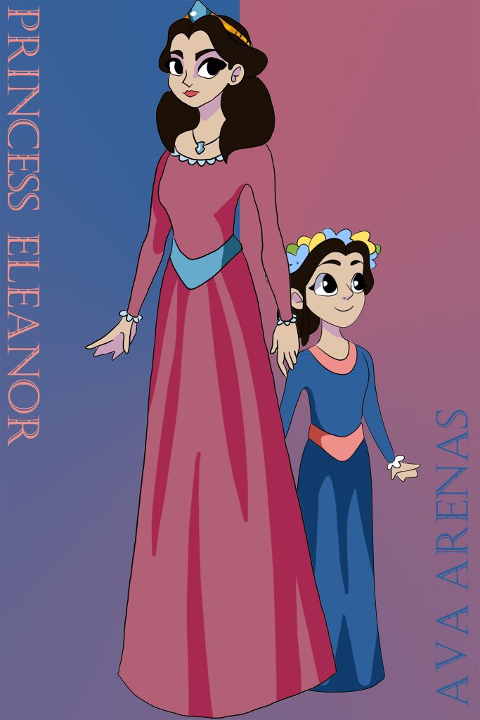 Animated character poster of Princess Eleanor, featuring two characters standing side by side. The taller figure wears a long pink dress with blue accents and a crown, while the shorter figure wears a blue dress with pink accents and a flower crown. The name "Princess Eleanor" is displayed vertically on the left side.