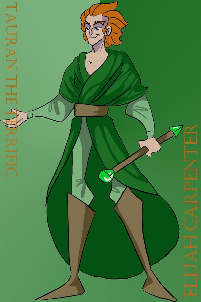 Animated character poster of Tauran the Terrific, featuring a figure with orange hair dressed in a green robe, light green inner garments, and brown boots. The character holds a staff with green crystal-like ends. The background is shaded in varying tones of green, with the name "Tauran the Terrific" displayed vertically on the left side.